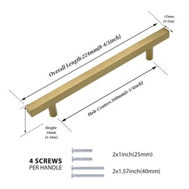 LONTAN 5 Pack Brass Cupboard Handles 160mm Brass Door Handles Gold Kitchen Handles Cabinet Door Handles Gold Cupboard Handles Brass Wardrobe Door Handles Gold Drawer Pulls Square Brass T Bar Handle
