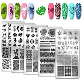 PH PandaHall Nail Stamp Plates Set of 5 Flower Lace Nail Art Stamping Plate Butterfly Nail Art Stencils Stainless Steel Nail Picture Plates for Women DIY Print Nail Salon Design 12 x 6 cm