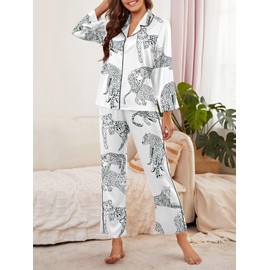 Brosloth Womens Silk Pajamas Long Sleeve Button Down Animal Print Cute Pjs Set Two Piece Satin Pajama Set Sleepwear, White, Medium
