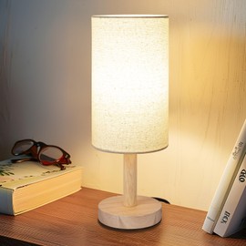 LALISU Small Table Lamp for Bedroom, Nightstand Lamp Linen Lampshade Bedroom Wood Base Small Bedside Lamp for Night Stands, Desk Lamps for Reading Living Room, Office (LED Bulb Included) (Wood Base)