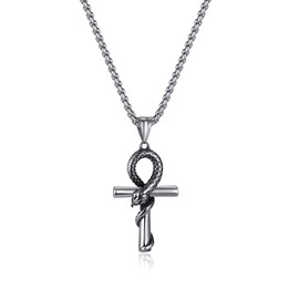 Rockyu Men's Stainless Steel Snake Motif Cross Necklace Silver Chain Snake Cross Pendant Gothic Accessory Birthday Gift
