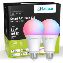 sailsco Matter Smart Light Bulbs,WiFi Smart Bulbs Work with Alexa/Google Home/Smart Life,RGBCW Color Changing LED Light Bulbs Music Sync,A21 E26 75W 1055LM,2.4Ghz WiFi Only,No Hub Required,2 Pack