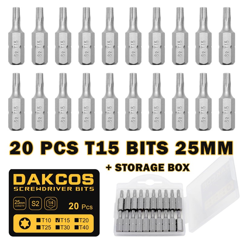 DAKCOS T15 Torx Bit, 20PCS Impact Driver Bits, 1/4" Screwdriver