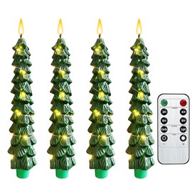 Christmas Tree Taper Candles with Flickering String Lights, 7.9 Inch Flameless Candles with Remote Timer, 2 modes Battery Operated Candle for Table Fireplace Window Christmas Decorations (4pcs)
