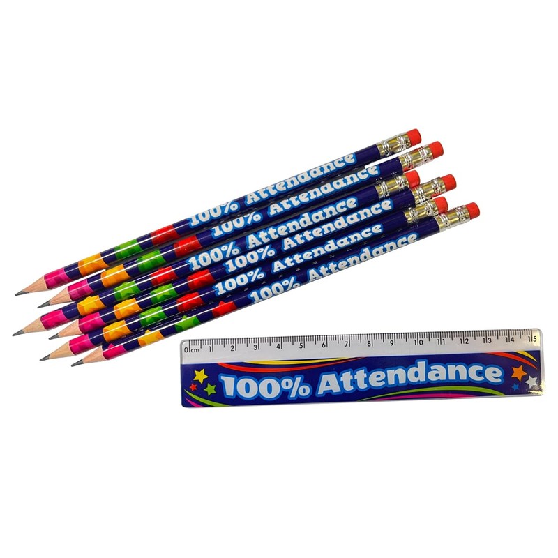 12 100% Attendance Rulers and Pencils Bundle School Reward Resource