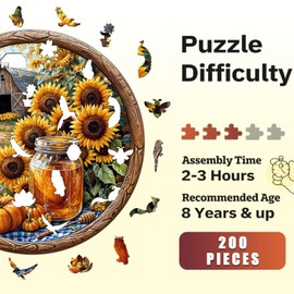Wooden Puzzle for Adults-Sunflower Wooden Jigsaw Puzzles,Unique Shape Advanced Plant Jigsaw Puzzle for Adults and Kids,Best Gift,Wood Puzzles,Challenge Wooden Jigsaw Puzzle (M-11.4 * 10.4 in 200pcs)