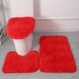 Eanpet Shaggy Bathroom Rugs Sets 3Piece Red Bath Mat for Bathroom Non-Slip Bathroom Mats Water Absorbent Bath Rug Floor Mats Soft Washable Shower Rug with U-Shaped Contour Rug Toilet Lid Cover