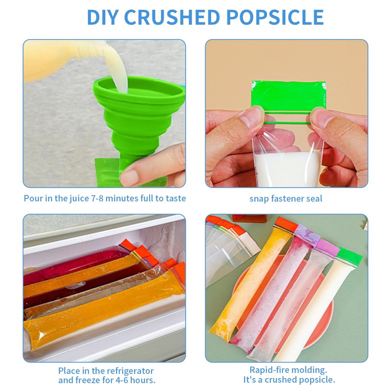 100 Pcs Ice Popsicle Bags with funnels,Multicolor Transparent Stackable Easy