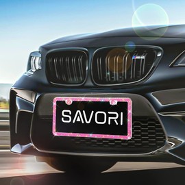 Car Bling License Plate Frame Sparkly 2 Holes 3 Row Acrylic Crystal Stainless Steel Universal License Plate Frame with Screw Caps Covers for US Auto Vehicles (1 Pack, Pink)