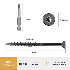 Fmjdnls Deck Screws 3 Inch, Wood Screws #10×3, 100 Pcs, Black Rust Resistant Epoxy Coated, Outdoor Decking Screws, Torx/Star Drive Head Exterior Deck Screw, T25 Star Bit Included