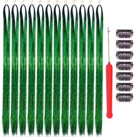 Green Hair Tinsel With Tool Heat Resistant 3000 Strands Fairy Hair Tinsel Kit 48 Inch Sparkly Tinsel Hair Extensions Glitter Hair Tinsel Kit For Girls