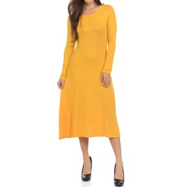 iconic luxe Women's Long Sleeve A-Line Fit and Flare Midi Dress Formal Casual Large Mustard