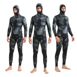 WYYHAA 3MM Neoprene Spearfishing Wetsuit with Hooded, 2 Pieces Long Sleeve Camouflage Hunting Diving Suit with Loading Chest Pad for Cool Water Freediving,Green,L
