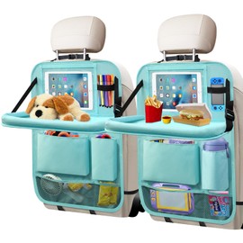 Etre Jeune Backseat Car Organizer with Tablet Holder, 6 Storage Pockets Car Storage Organizer with Foldable Food Tray, Kick Mats Travel Accessories, 2 Pack BLue