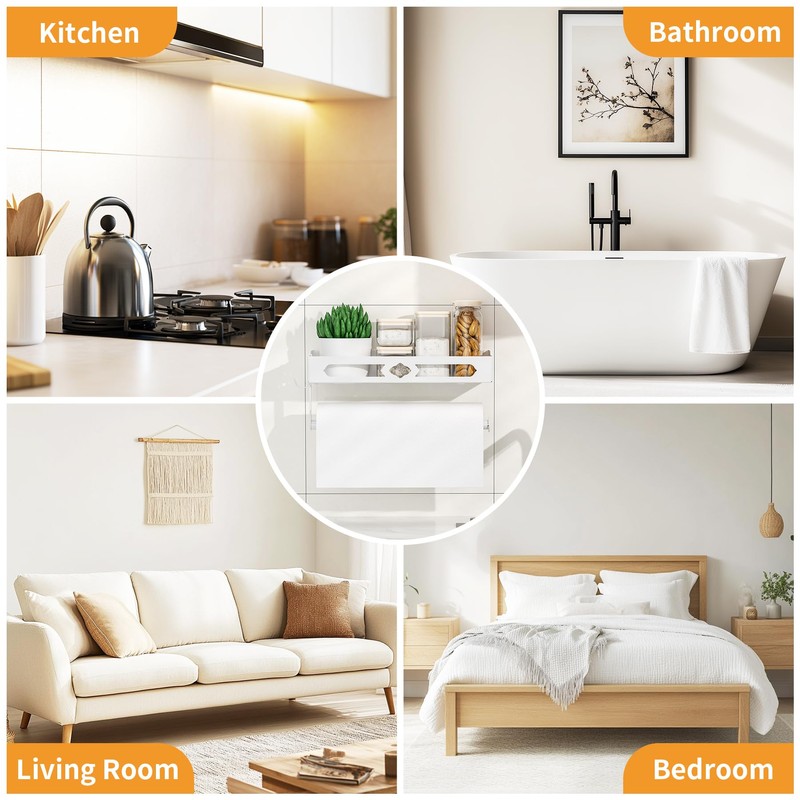 White Paper Towel Holder Wall Mount with Shelf - Adhesive