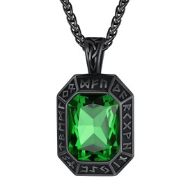 ChainsHouse Onyx Green Gemstone Viking Rune Pendant Necklace for Men Viking Jewelry Black Plated Norse Amulet