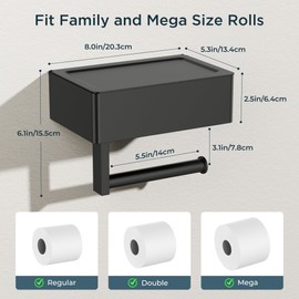 FORIOUS Toilet Paper Holder with Shelf, SUS304 Stainless Steel Wall Mount Toilet Paper Roll Holder, Flushable Wipes Dispenser Fits for Bathroom Wipe Storage, Matte Black