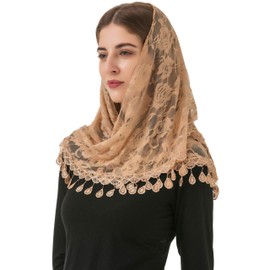 PAMOR Mass Veil Triangle Mantilla Cathedral Head Covering Chapel Veil Lace Shawl Latin Scarf (Champagne)