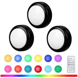 Totahow LED Puck Lights Battery Operated with Remote, 3 Pack 13 Colors Changeable LED Under Cabinet Lights,Stick on Lights with Dimmer and Timer,Ideal for Kitchen,Cabinets,Closet-Black (Black, 3)