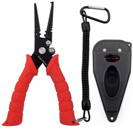6" Fishing Pliers, Stainless Steel Fishing Tools, Saltwater Resistant Fishing Gear, Tungsten Carbide Cutters, Split Ring Pliers, Hook Remover with Coiled Lanyard and Sheath (Red - 7" Split Ring Nose)