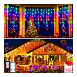 480 LED 49FT Christmas Lights Plug in 8 Modes with Timer Dimmable Christmas Decorations Outdoor Waterproof Indoor Curtain String Lights for Roof Porch Garden Holiday Wedding Party Decor Multi Colored