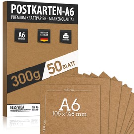 Blank Postcards Kraft Paper for DIY DIN A6 Set - 300 g - 10.5 x 14.8 cm Natural Cardboard Sheets Made of Kraft Cardboard for Printing, Cardboard Paper Crafts for Wedding Gifts Labels Pack of 50
