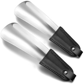 Timotech Juego de calzadores de acero inoxidable con correa de cuero, calzadores de zapatos, aptos para todo tipo de calzado, botas, tenis, accesorios con mango de cuero y rígidos, ideal para viaje (Negro (2 unidades))
