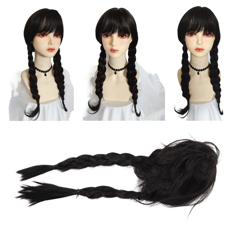 Black Long Double Braid Wig Synthetic Simulated Scalp Heat Resistant