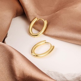 14K Gold Plated Sterling Silver Earrings Small Oval Hoop Earrings for Women Trendy Hypoallergenic Earrings Small Thick Huggie Hoops Earrings