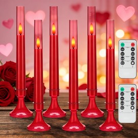 SEHNSY Red Flameless Taper Candles with Remote and Timer,Valentine Flameless Candles with Holders, 6 Pack LED Battery Operated Candlesticks 9.25"x0.75" for Valentine’s Day, Christmas