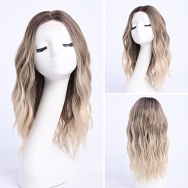 YaissmyLu Medium Length Ombre Blonde Ash Wavy Wigs for Women 18 Inch Middle Part Wavy Blond Wig Natural Looking Dirty Blonde Synthetic Heat Resistant Fiber Dark Roots Wig for Daily Party Use (18 inch)