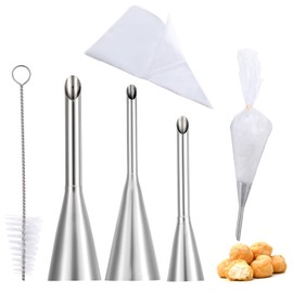 MBAIYO 3 Pcs Puff Cream Filling Piping Tips Kit, Long Piping Nozzle with 50 Disposable Bags and 1 Pcs BrushCream Filling Nozzles for Donuts Puff Eclairs Pastry Decorative
