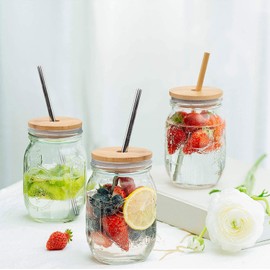 Mason Jar Lids with Straw Hole, CNVOILA ECO Reusable Bamboo Mason Jar Lids for Regular Mouth Mason Jar with 2 Reusable Stainless Steel Straw
