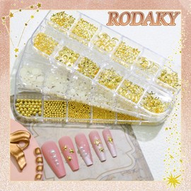 RODAKY 3 Boxes Nail Pearl and Charms White Beige Pearls for Nails Metal Small Nail Caviar Beads Gold Nail Studs Half Round Flatback Pearls for Acrylic Nails Art Manicure Decor Accessories Kit