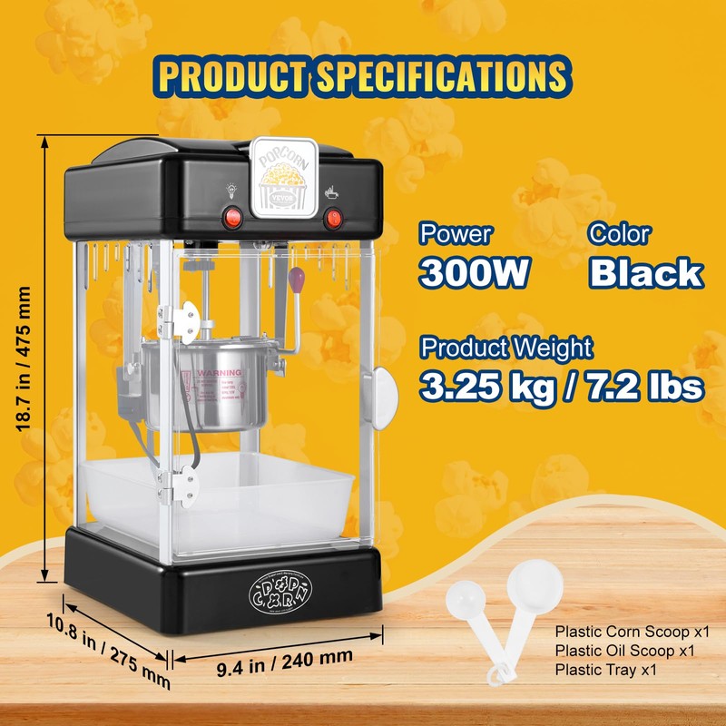 VEVOR Popcorn Maker, 300W Popcorn Popper Machine, 2.5 Oz Kettle