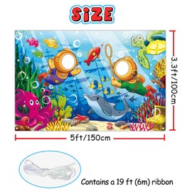 Cartoon Undersea Diving Face in Hole Backdrop 5 x 3.3 ft, Underwater World Diver Face Cutout Photo Props, Seabed Shipwreck Treasure Marine Life Photography Background for Kids Boys