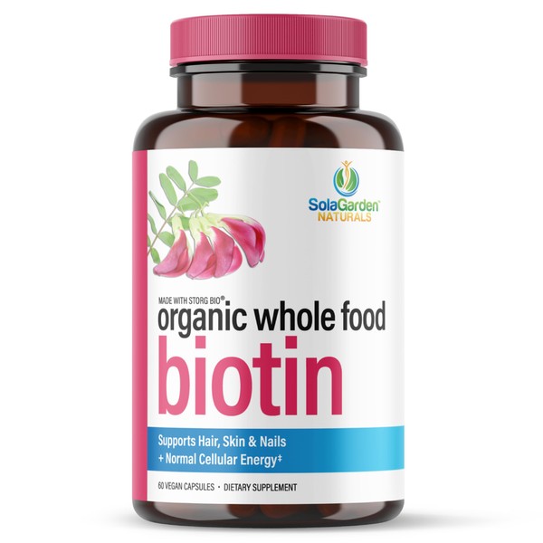 Whole Food Biotin Supplement - Contains Certified Organic Plant Based Biotin from Sesbania Agati Trees - by SolaGarden Naturals. May Support Hair, Skin and Nails. 60 Non GMO Veggie Capsules.
