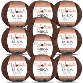Wollidu Mika 51% Polyacrylic, 49% Cotton for Crochet and Knitting, 10 x 50 g/165 m, Oeko-Tex Knitting Yarn, Crochet Yarn - Dark Brown