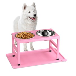 ADENGL Pink Metal Raised Dog Bowl Stand for Large Dogs, Stronger Elevated Dogs Bowls with Sprill Proof Mat, Food & Water Bowl 10in Tall Feeder (42OZ-Stainless Steel Dog Bowls, Mat-12x19 in)