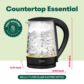 BELLA 1.7 Liter Glass Electric Kettle, Quickly Boil 7 Cups of Water in 6-7 Minutes, Soft Yellow LED Lights Illuminate While Boiling, Cordless Portable Water Heater, Carefree Auto Shut-Off, Black