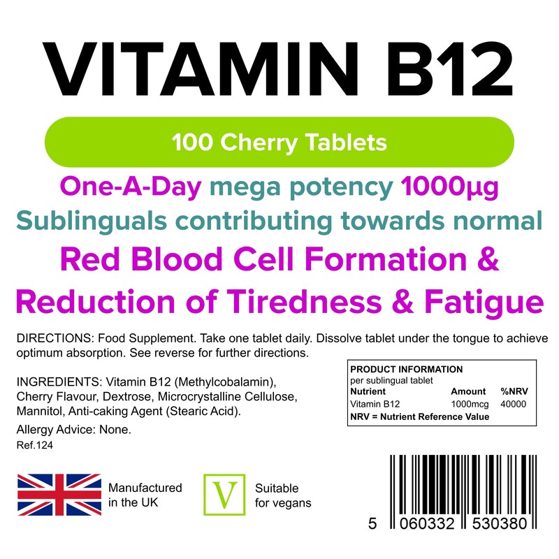 Lindens Vitamin B12 1000mcg Cherry Flavour Sublingual Tablets - 100