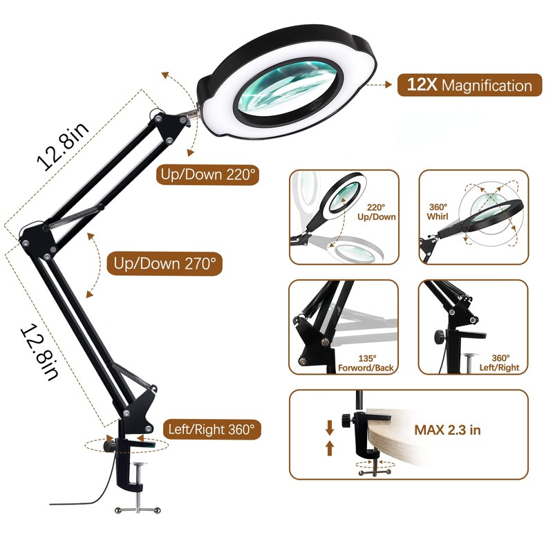 VUEJIC 12X Magnifying Glass with Light and Clamp, Magnifier with