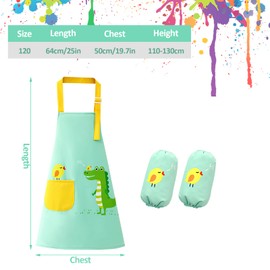 Kids Aprons with Pocket and 2 Sleeves, Adjustable Cute Toddler Apron, Cartoon Kitchen Cooking Baking Apron for Boys and Girls, Children's Apron for Art Painting Gardening Cooking for Children 6-13
