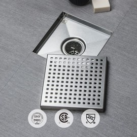 SaniteModar Square Shower Drain 6 inch Comes with Removable Square Hole Panel by Using 304 Stainless Steel Brushed Process. It is Equipped Hair Filter and Threaded Joint with Rubber Ring