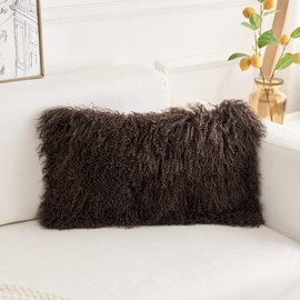 Genuine Mongolian Lamb Fur Pillow Cover – 12"x20" Rectangular Cushion Case – Soft Curly Wool Decorative Accent for Sofa, Bed, or Chair (Chocolate Brown)