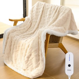 ESTINGO Faux Fur Electric Throw Blanket, Luxury Furry Throw Heated Blanket, 3D Grid Thick Rabbit Fux Fluffy Heating Blanket with 5 Heating Levels & 4 Hours Auto Off, 50" x 60" Milk Coffee