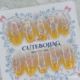 Spring Glow Butterfly Handmade Nail Tips - Square L / 봄 글로우 나비 수제네일팁 - 스퀘어L