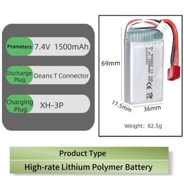 ERYNK 2 Pack 7.4V 1500mAh 903462 25C for Wltoys A959-B A969-B A979-B K929-B WLtoys 4WD High Speed RC Cars and Most 1/10, 1/12, 1/16 Scale RC Cars Trucks Rechargeable Li-ion Battery with T