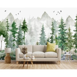 YIHWM -Green Cartoon Pine Forest Nursery Fabric Wallpaper for Boys and Girls Children's Bedroom Living Room Woodland Plants Large Wall Mural- 91"x65"（ not Peel and Stick）