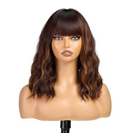 Colorfulpanda Short Bob Wig for Women Dark Brown Highlight Wavy Wigs with Bangs Natural Heat Resistant Synthetic Hair for Daily Use and Cosplay